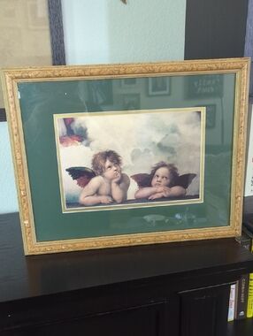 Framed Cherub Art Print with Green Mat